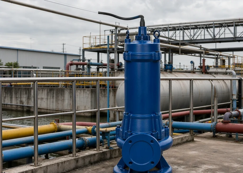 submersible sewage pump with cutter mechanism installed at an industrial wastewater treatment plant