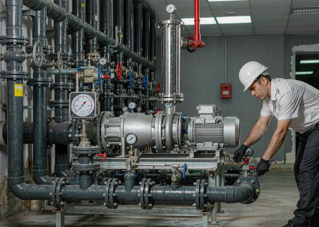 Technician installing and inspecting a fire sprinkler booster pump, checking the pressure gauge on the pump set in a basement plant room