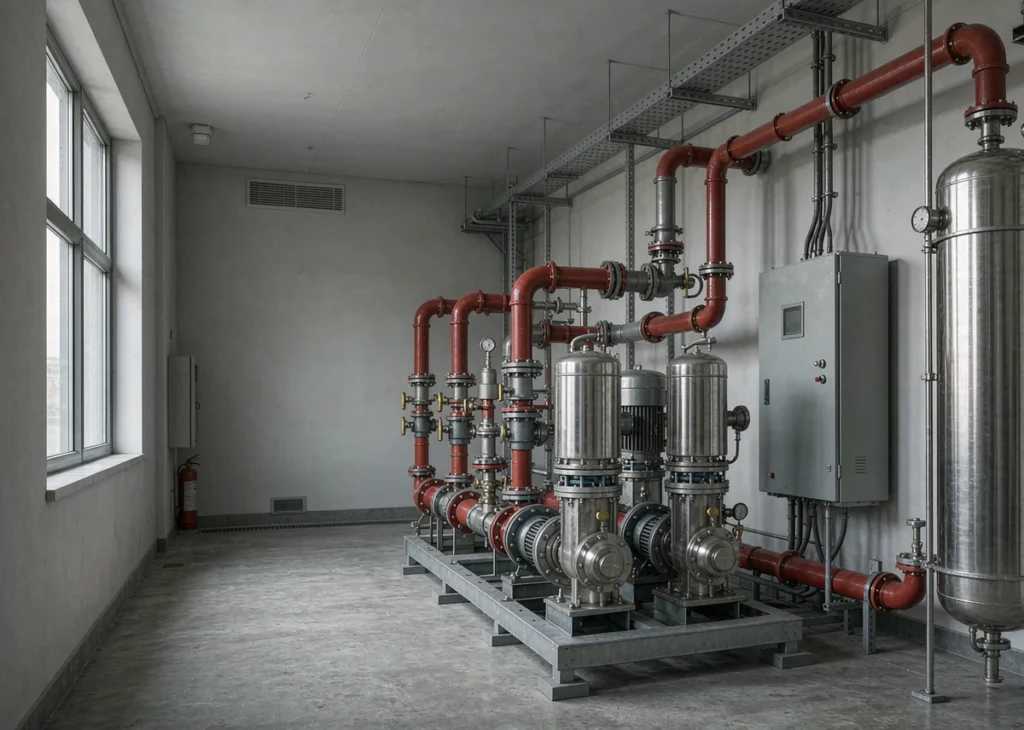 Residential fire sprinkler booster pump set with a stainless steel diaphragm pressure tank and control cabinet installed in a clean building pump room