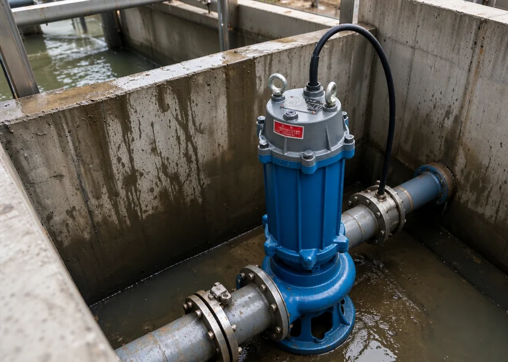 Submersible sewage pump operating inside an industrial wastewater sump pit