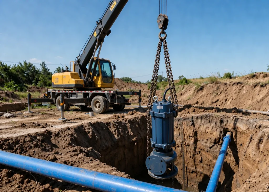 Submersible water pump being lowered into a deep well borehole for groundwater extraction
