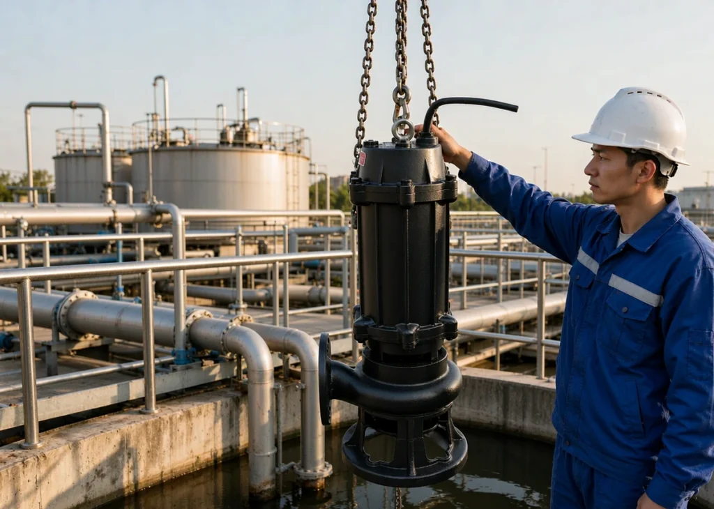 Technician inspecting a submersible sewage pump lifted by hoist chain from a wet well