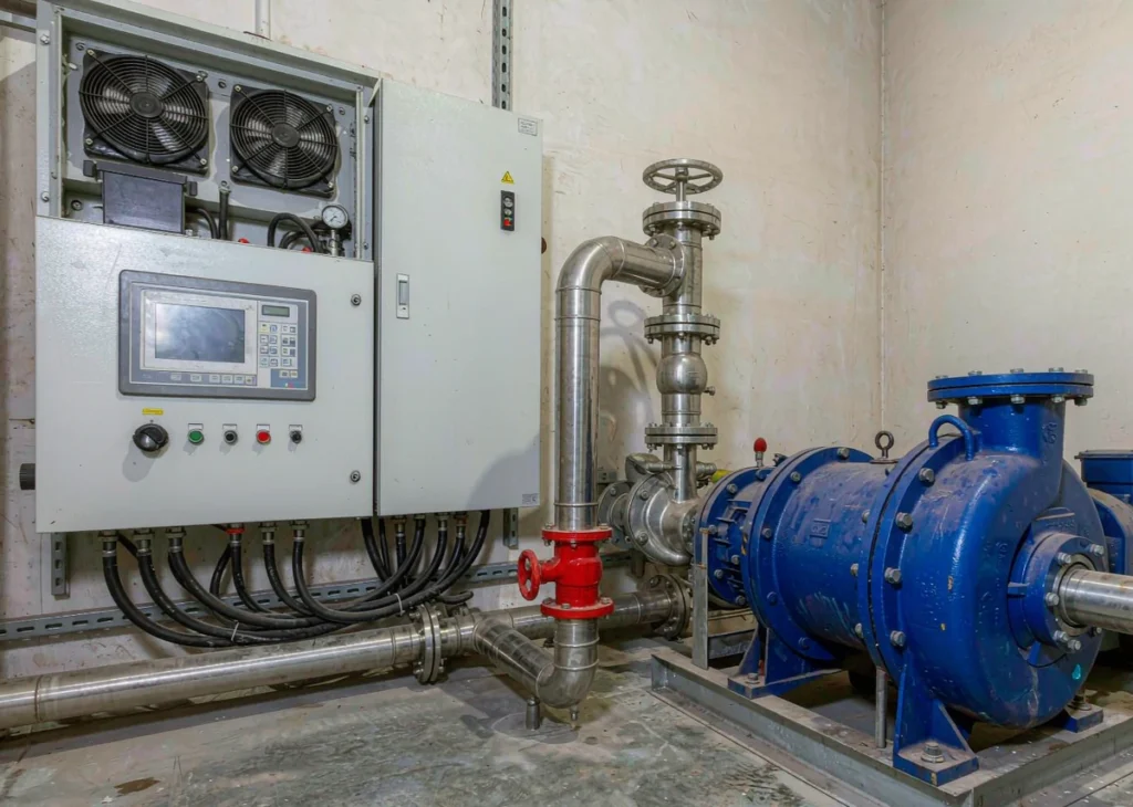 VFD control cabinet mounted beside a horizontal centrifugal water pump in an industrial pump room